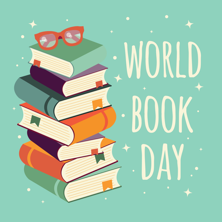 Día mundial del libro, pila de libros con gafas sobre fondo de menta  Ilustración