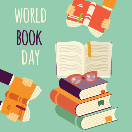 Día mundial del libro, pila de libros con manos y gafas.  Ilustración