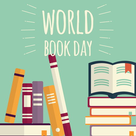 Día mundial del libro, montones de libros sobre fondo de menta  Ilustración