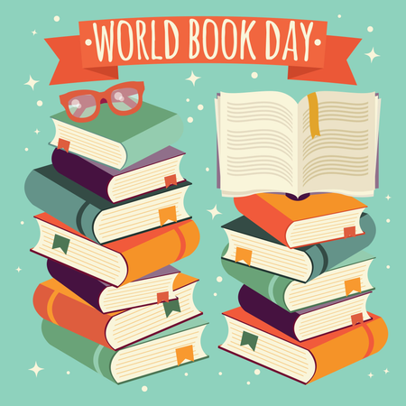 Dia Mundial do Livro, livro aberto na pilha de livros com óculos em fundo de hortelã  Ilustração