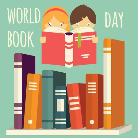Dia Mundial do Livro, menina e menino lendo com uma pilha de livros em uma prateleira  Ilustração