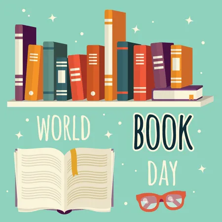 Dia mundial do livro, livros na prateleira e livro aberto com óculos  Ilustração
