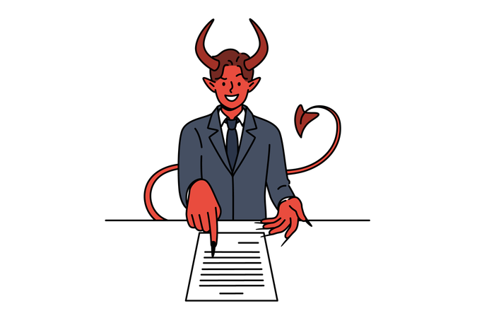 Diabo se oferece para assinar contrato comercial sobre a mesa para vender alma a satanás  Ilustração