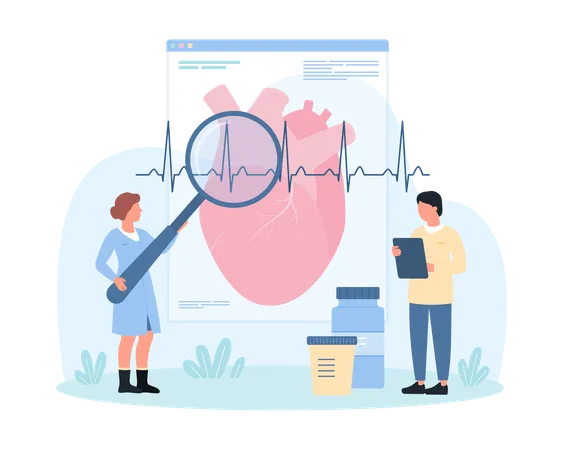 Diagnosis And Treatment Of Cardiovascular Disease Vector Illustration Cartoon Tiny People Check Patients Heart Health With Magnifying Glass Control And Care Heartbeats On Cardiology Examination イラスト