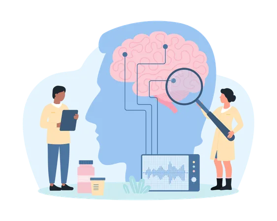 Diagnosis Of Brain Diseases Neurology Vector Illustration Cartoon Tiny Doctors Monitoring Brain Waves On EEG Display Neurologists Research Electroencephalography Results With Magnifying Glass イラスト