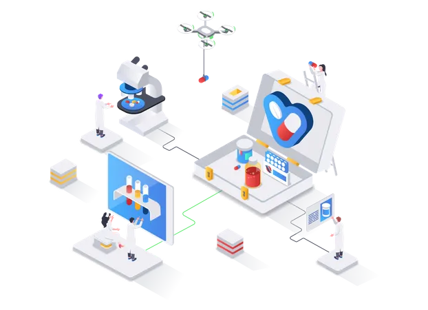 Diagnostics et traitements modernes en clinique, examen en laboratoire et soins de santé  Illustration