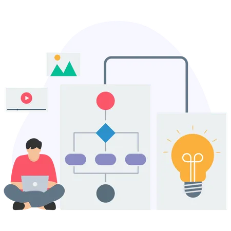 Hombre de negocios trabajando en un diagrama de flujo empresarial  Ilustración