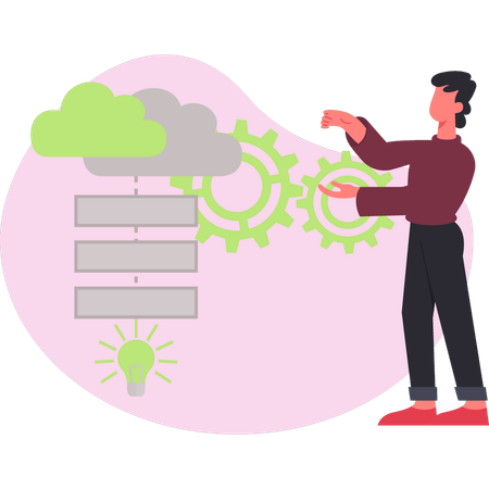 Diagrama de flujo de un hombre trabajando en una nube  Ilustración