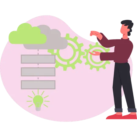 Diagrama de flujo de un hombre trabajando en una nube  Ilustración