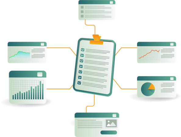 Diagrama de lista de verificación en portapapeles con papel, para planificación empresarial  Ilustración