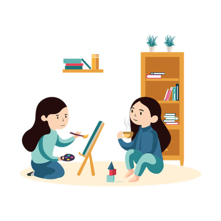 Mujer haciendo un boceto de cara de amiga  Ilustración