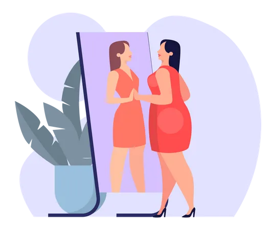 Dicke Frau im roten Kleid, die in den Spiegel schaut, bewundert sich selbst und stellt sich vor, schlank und fit  Illustration