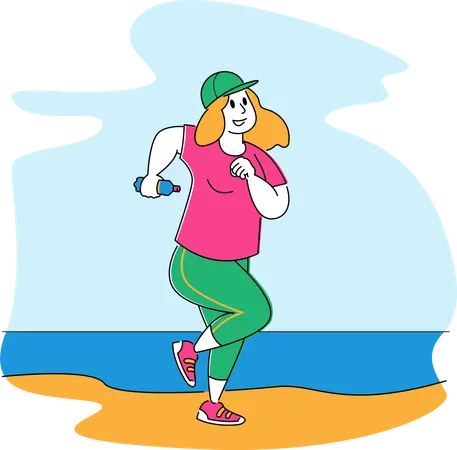 Dickes Mädchen in Sportkleidung läuft am Strand  Illustration