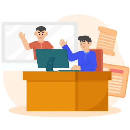 Die beiden Männer führen Online-Meetings mit Computern durch  Illustration