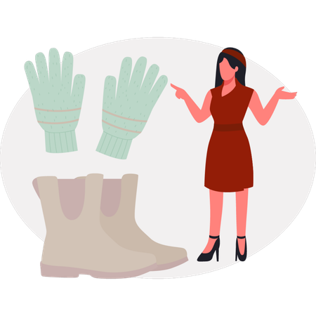 Das Weibchen präsentiert Winterhandschuhe  Illustration