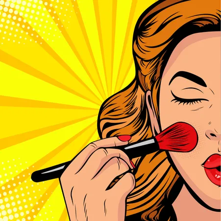 Die Schönheit des Gesichts. Make-up, Frauenpinsel verleihen dem Gesicht den richtigen Ton. Vektorillustration im Pop-Art-Retro-Comic-Stil.  Illustration