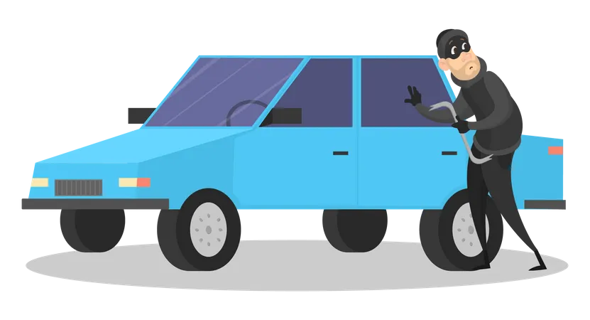 Dieb Steht Am Auto Und Bricht Durch Die Tur Fahrzeugdiebstahlrisiko Auto In Gefahr Isolierte Flache Vektorillustration Illustration
