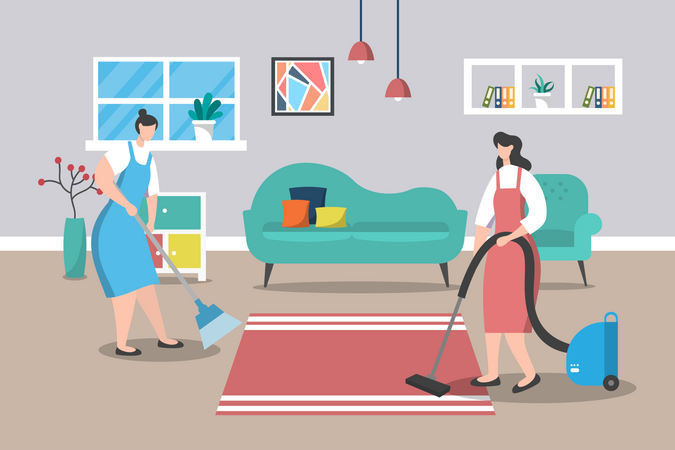 Dienstmädchen beim Putzen des Hauses  Illustration