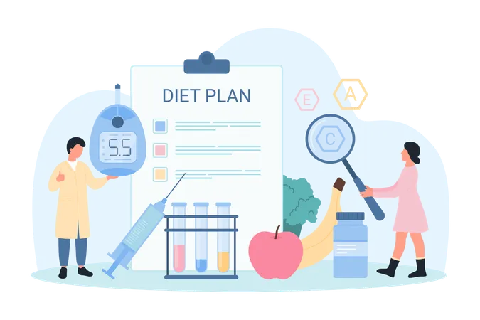 Diet Plan For Diabetes Vector Illustration Cartoon Tiny People Planning Nutrition For Obesity Control Healthy Food For Weight Loss Doctor Holding Glucometer To Monitor Blood Glucose Levels Illustration