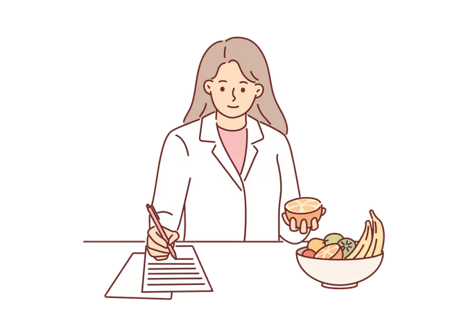 Woman Nutritionist Makes Diet Plan For Patient Who Wants To Lose Weight And Stands At Table With Fruits Girl In White Coat Works As Nutritionist Making Notes On Piece Of Paper With Diet Strategy Illustration