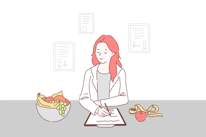Balanced Diet For Weight Control Concept Dietitian Writing Healthy Nutrition Plan Including Fresh Fruits To Daily Menu Nutritionist Prescribing Vegetarian Diet Simple Flat Vector Illustration