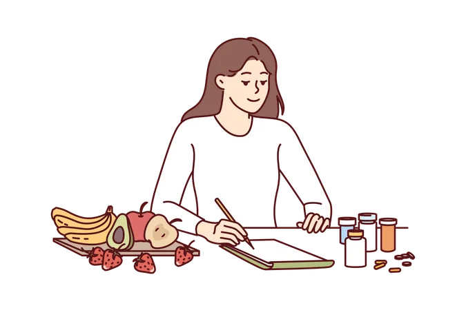 Woman Nutritionist Makes Diet Plan For Client Sitting At Table With Fruits And Pills Girl Nutritionist Comes Up With Recipe For Alternative Nutrition Replacing Use Of Pharmacology Illustration