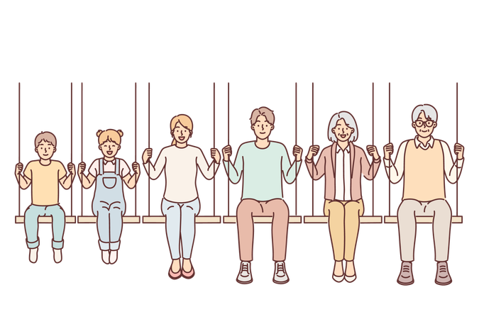 Diferentes generaciones de familias con padres e hijos con nietos sentados en un columpio  Ilustración