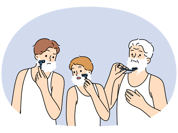 Diferentes generaciones se afeitan juntas, demostrando la continuidad de padre e hijo con nieto.  Ilustración