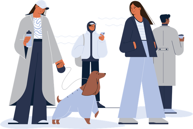 Diferentes idades Pessoas andando na cidade vestindo jaqueta e casaco  Ilustração