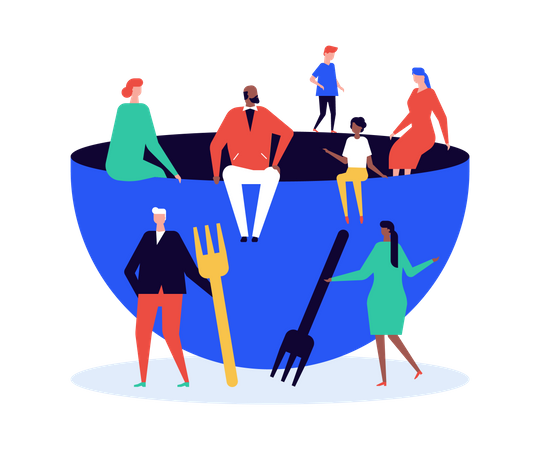 Diferentes nacionalidades se han reunido en un gran recipiente vacío para comer  Ilustración