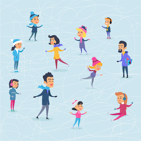 Diferentes pessoas de desenhos animados na pista de gelo no inverno  Ilustração