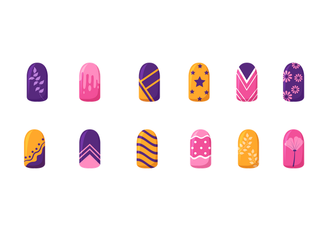 Diferentes tipos de decoración de uñas.  Ilustración