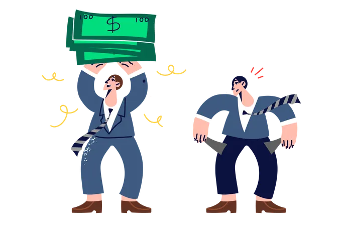 Difference In Incomes Of Two Corporate Employees Holding Lot Of Money In Hands Or Showing Empty Pockets Concept Of Class Inequality Caused By Inaccessibility Of Education For People With Low Incomes 일러스트레이션