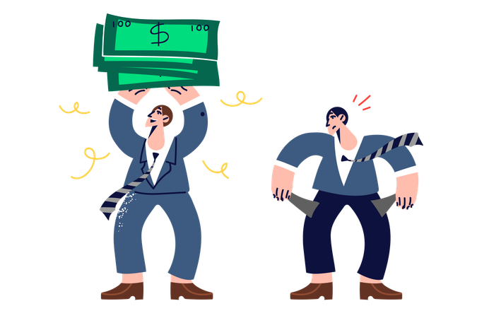 Difference in incomes two corporate employees holding lot of money in hands and showing empty pockets  Illustration