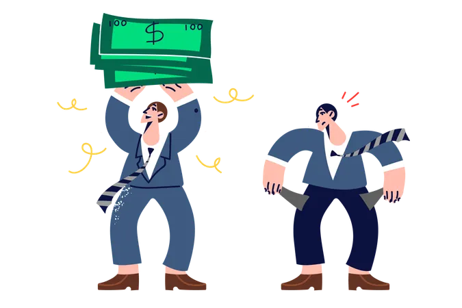 Difference in incomes two corporate employees holding lot of money in hands and showing empty pockets  Illustration