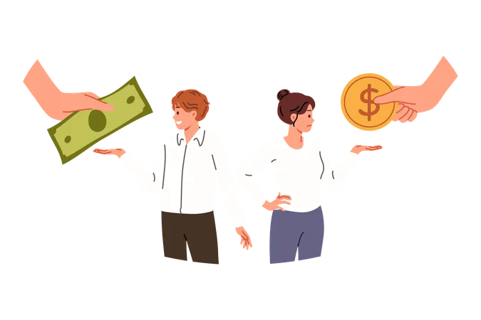 Difference In Salary Of Two Employees Is Caused By Receiving Different Money For Performing Professional Duties Woman Receives Lower Salary Than Man Due To Discrimination And Sexism In Company Illustration