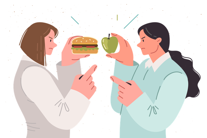 Différend sur le choix du bon régime alimentaire entre deux femmes tenant un hamburger et une pomme pour satisfaire la faim  Illustration