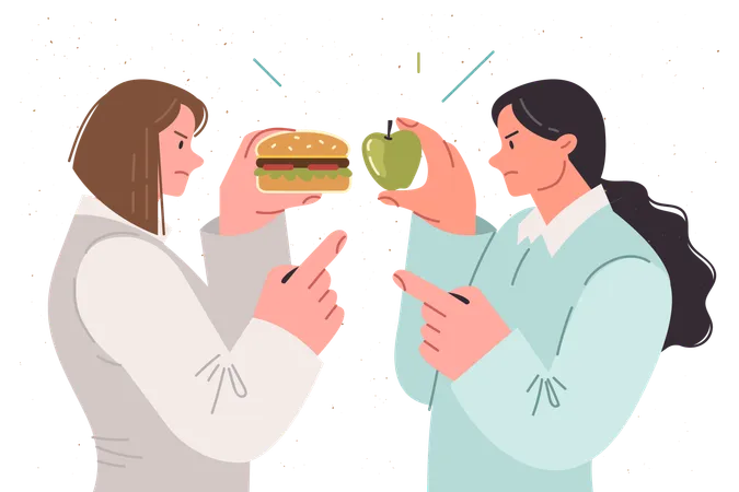 Différend sur le choix du bon régime alimentaire entre deux femmes tenant un hamburger et une pomme pour satisfaire la faim  Illustration