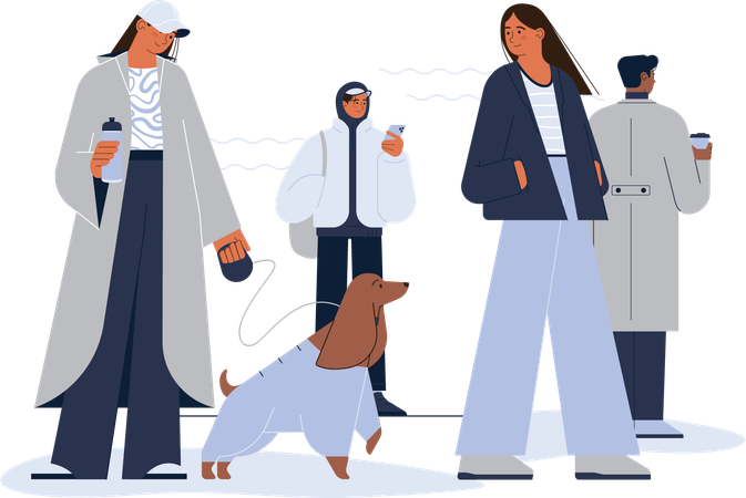 Different ages People walking in city wearing jacket and coat  Illustration