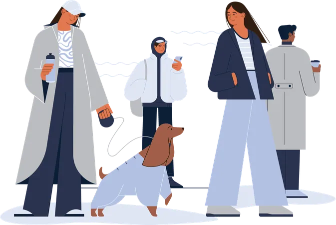 Different ages People walking in city wearing jacket and coat  Illustration
