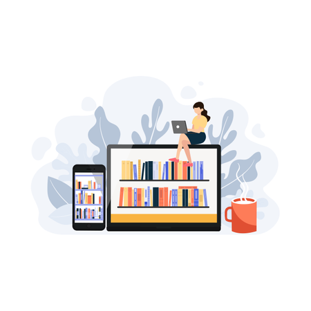 Different books collection in smart device Illustration