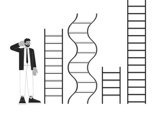 Different Career Ladders Black And White 2 D Illustration Concept Confused Black Man Compares Difficulty Cartoon Outline Character Isolated On White Professional Paths Metaphor Monochrome Vector Illustration