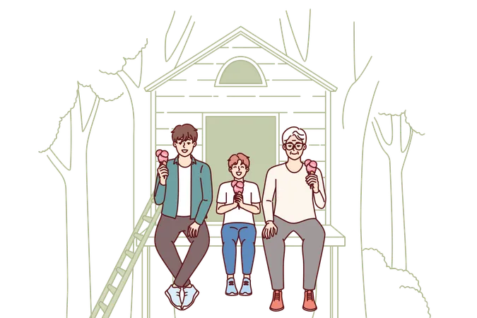 Generational Succession Of Son Father And Grandfather Eating Ice Cream Together Sitting In Tree House Three Generations Of Men Are Relaxing Together In Park And Talking Enjoying Taste Cold Dessert Illustration