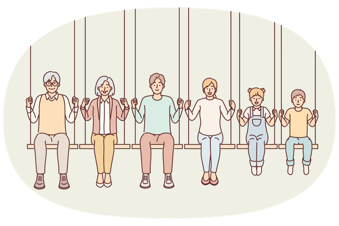 Different generations from family with parents and children with grandchildren sitting on swing  Illustration