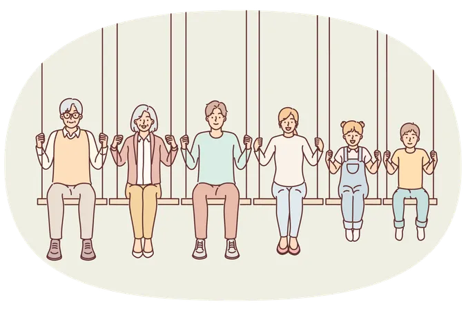 Different generations from family with parents and children with grandchildren sitting on swing  Illustration