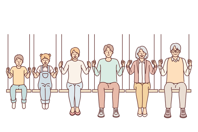 Different generations from family with parents and children with grandchildren sitting on swing  Illustration