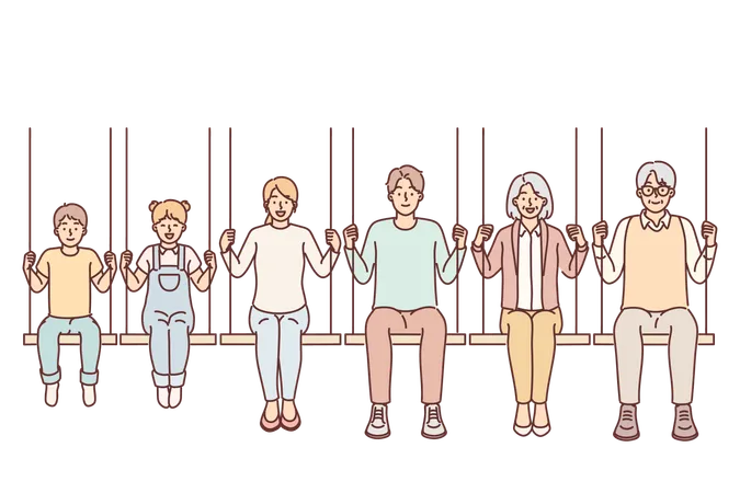 Different Generations From Large Family With Parents And Children With Grandchildren Sitting On Swing Generations Of Boy And Girl Of Adolescence And Grandparents Or Mom For Concept Family Happiness Illustration
