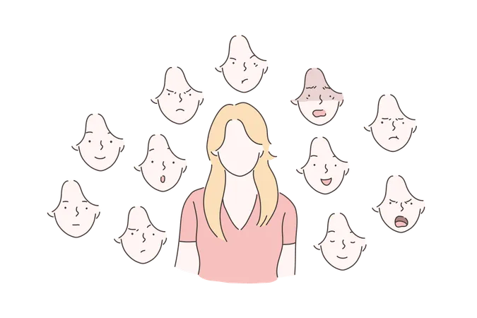 Set Of Woman Emotions Concept Young Girl With Surprised Angry Scared Happy Smiling Joyful Facial Expression Vector Flat Design Illustration