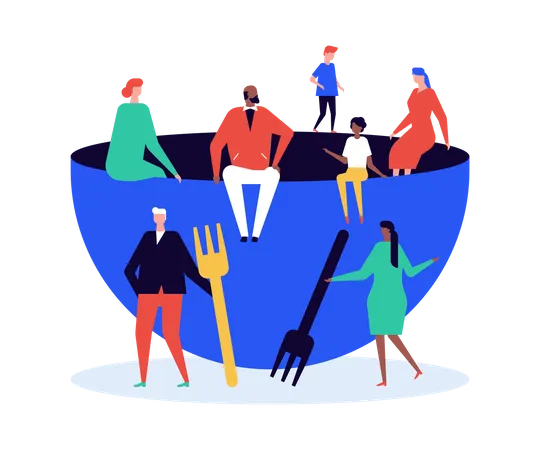 Dinner Time Modern Colorful Flat Design Style Illustration On White Background A Scene With Large Empty Bowl For Food Around Which People Of Different Nationalities Have Gathered Hunger Idea Illustration