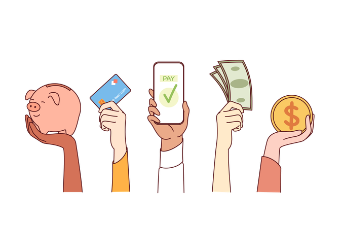Different payment options show people hands with cash or bank card and application in smartphones  Illustration